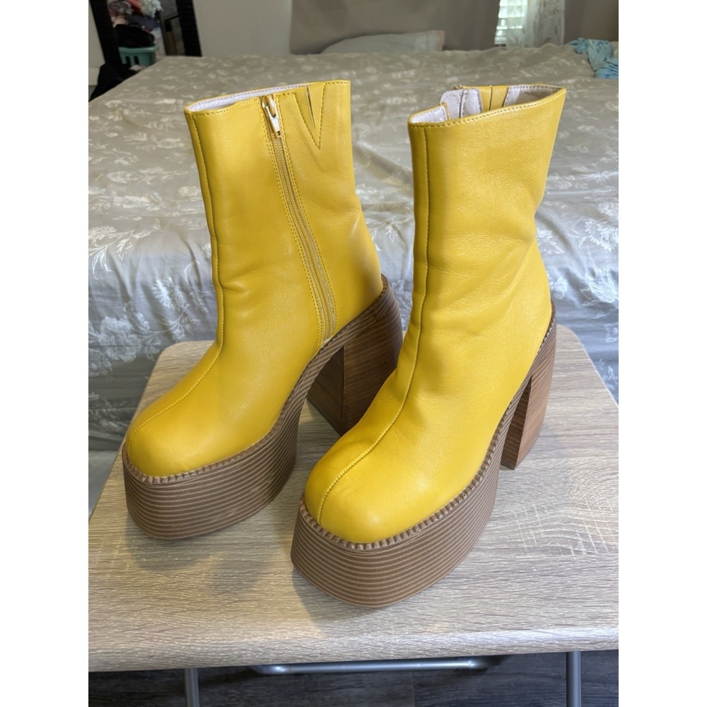 Chunky Platform Yellow Boots Wood Look High Heel Gogo Festival Shoes Womens